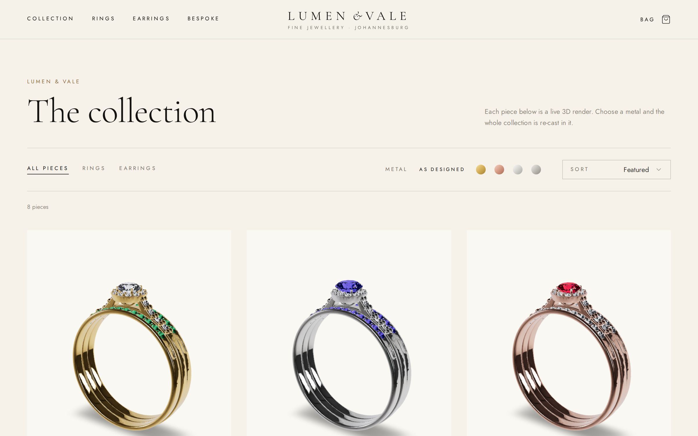 The collection page: rings in yellow gold, white gold and rose gold, each one a live 3D render, with metal and sort controls above.