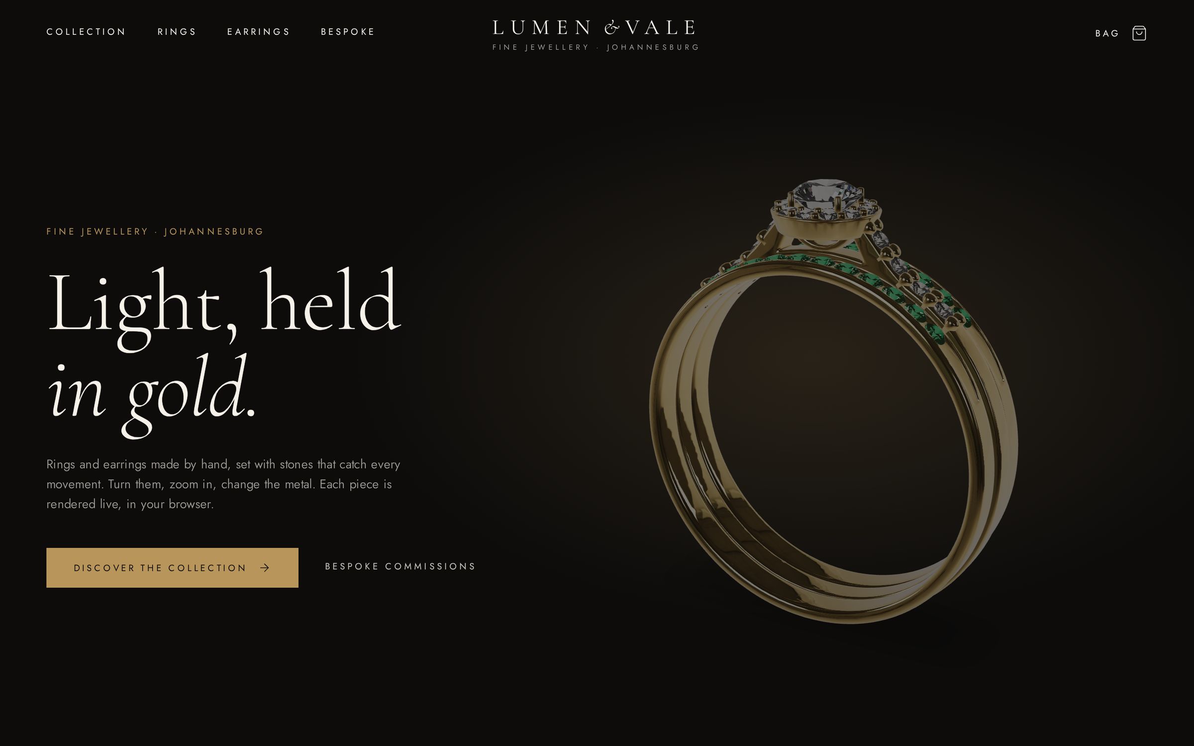 The demo storefront home page: a gold ring set with diamonds and green stones, rendered live in 3D beside the headline.