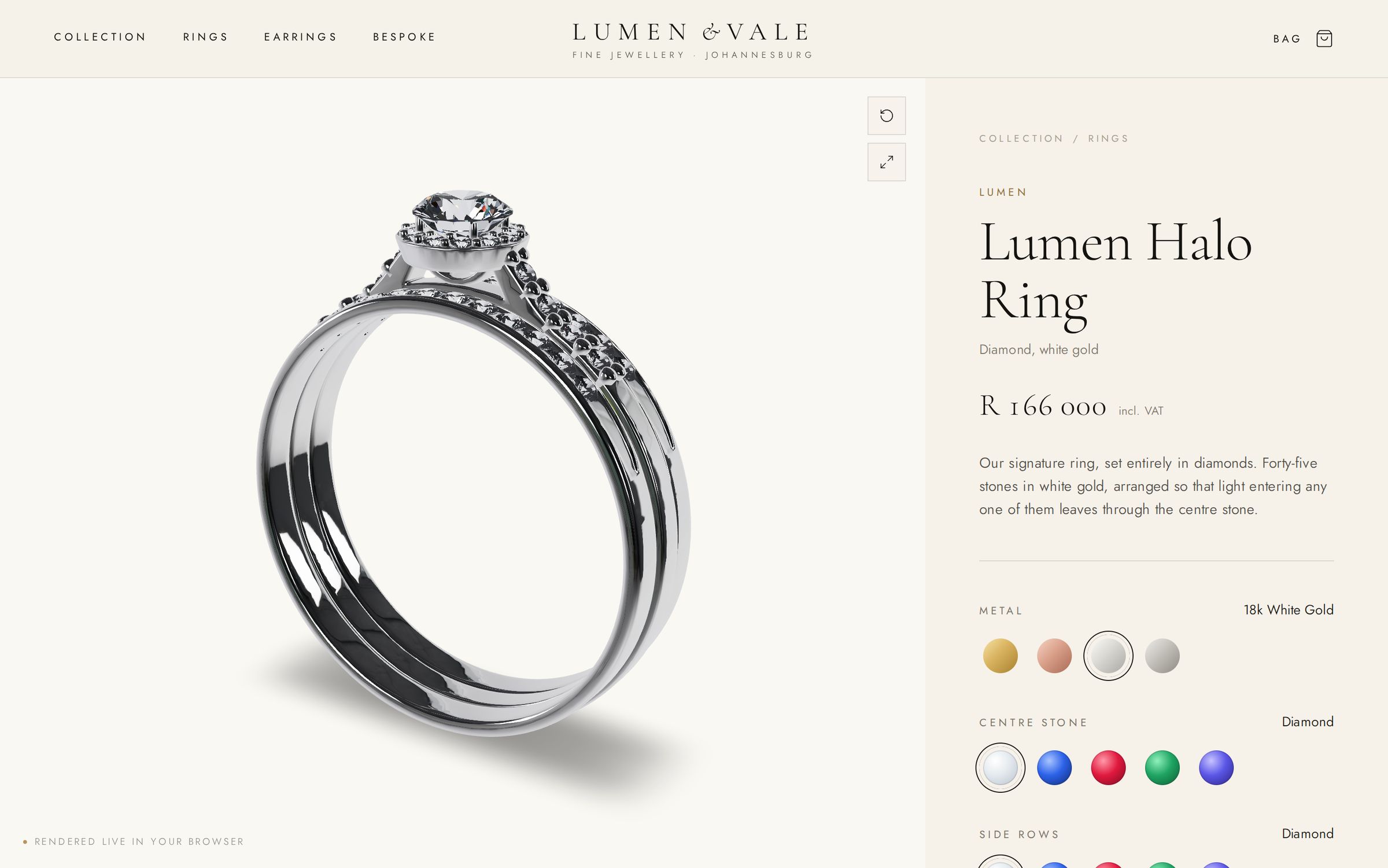 A product page built around the 3D viewer: a white gold diamond halo ring beside its price, description and metal and stone options.